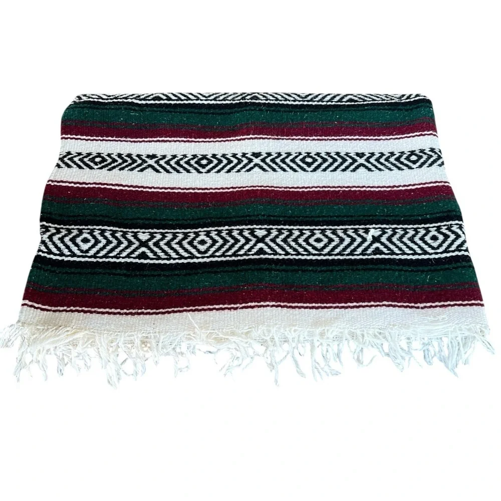 Mexican Serape Woven Falsa Blanket Fringed Red White Green Black 62x76 Soft GUC
